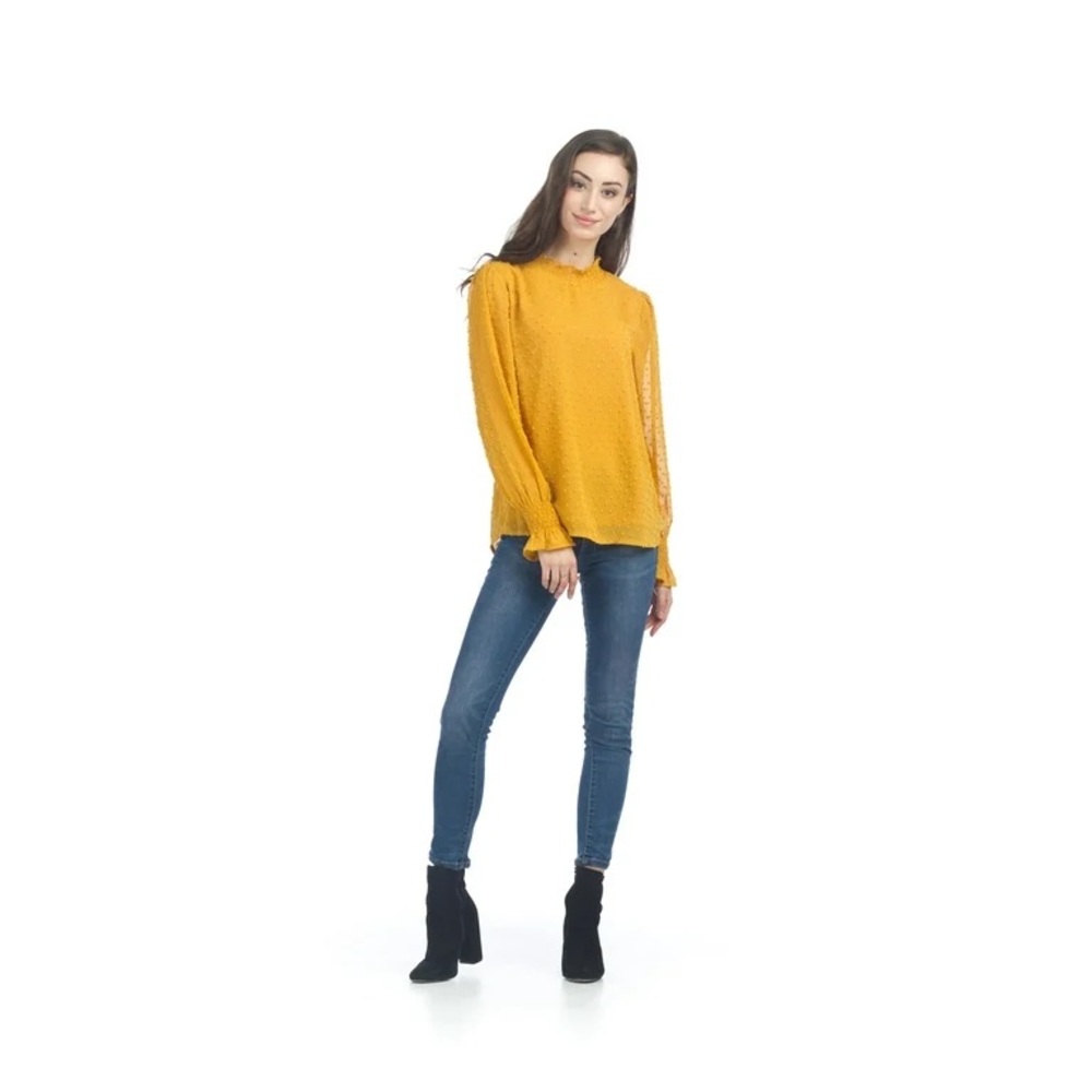 NEW Papillon Yellow Blouse | Tufted Mock  Neck | Mustard Yellow | Swiss Dot